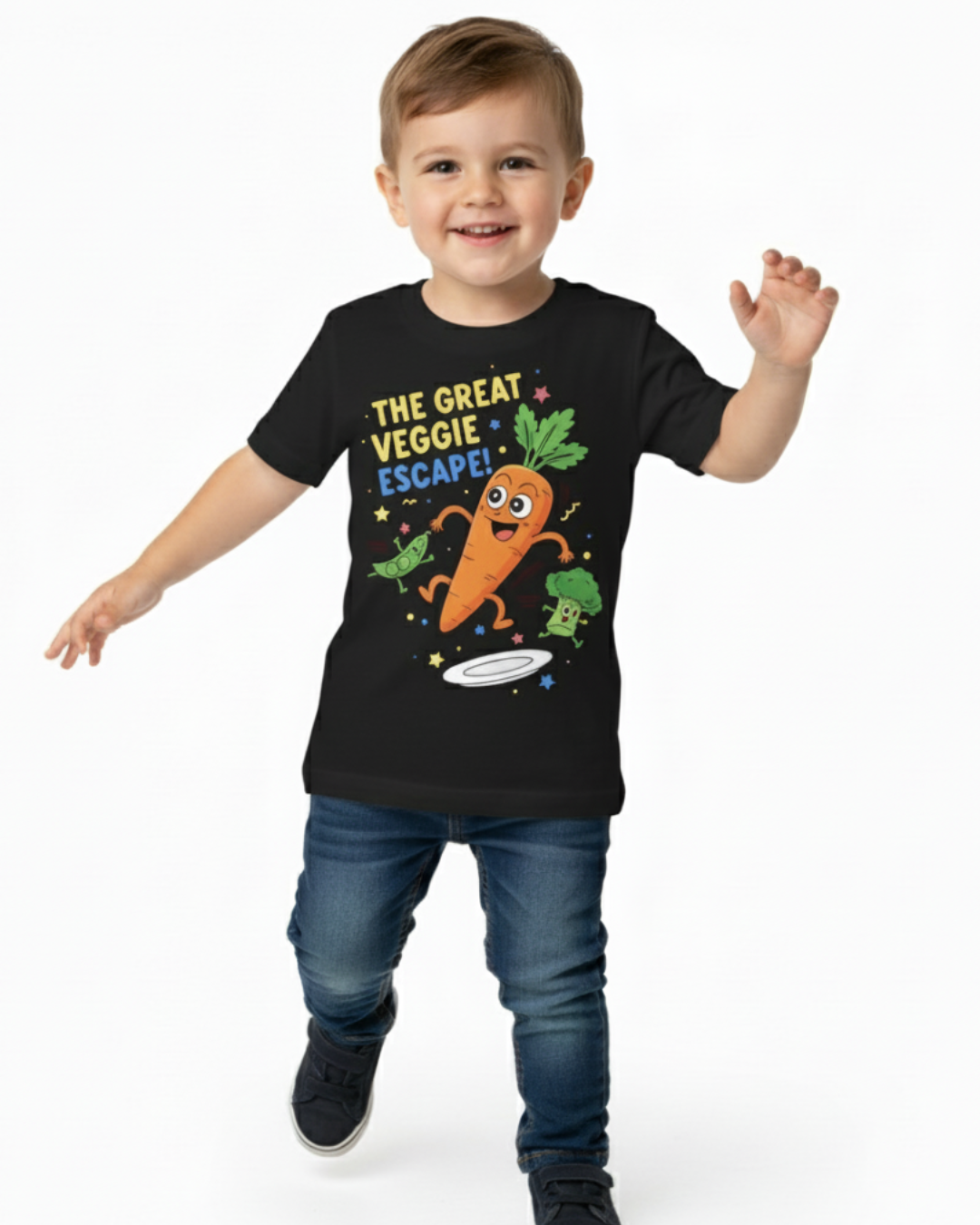 The Great Veggie Escape – Kids Fun Graphic Cotton T-Shirt