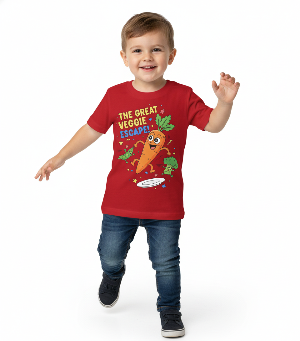 The Great Veggie Escape – Kids Fun Graphic Cotton T-Shirt