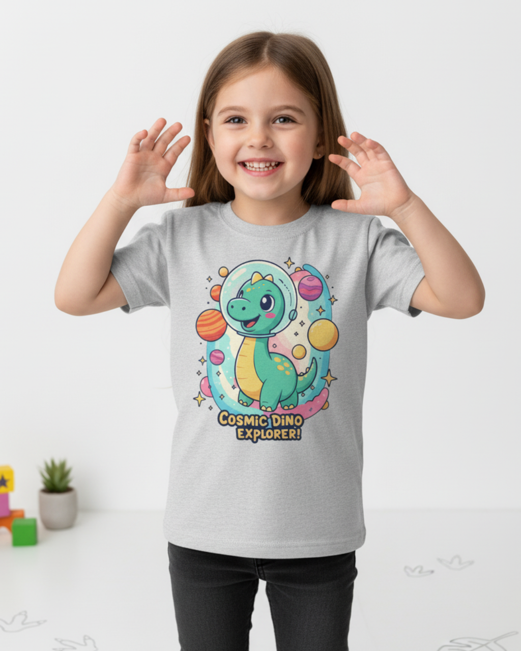 Cosmic Dino Explorer – Kids Space Adventure Cotton T-Shirt