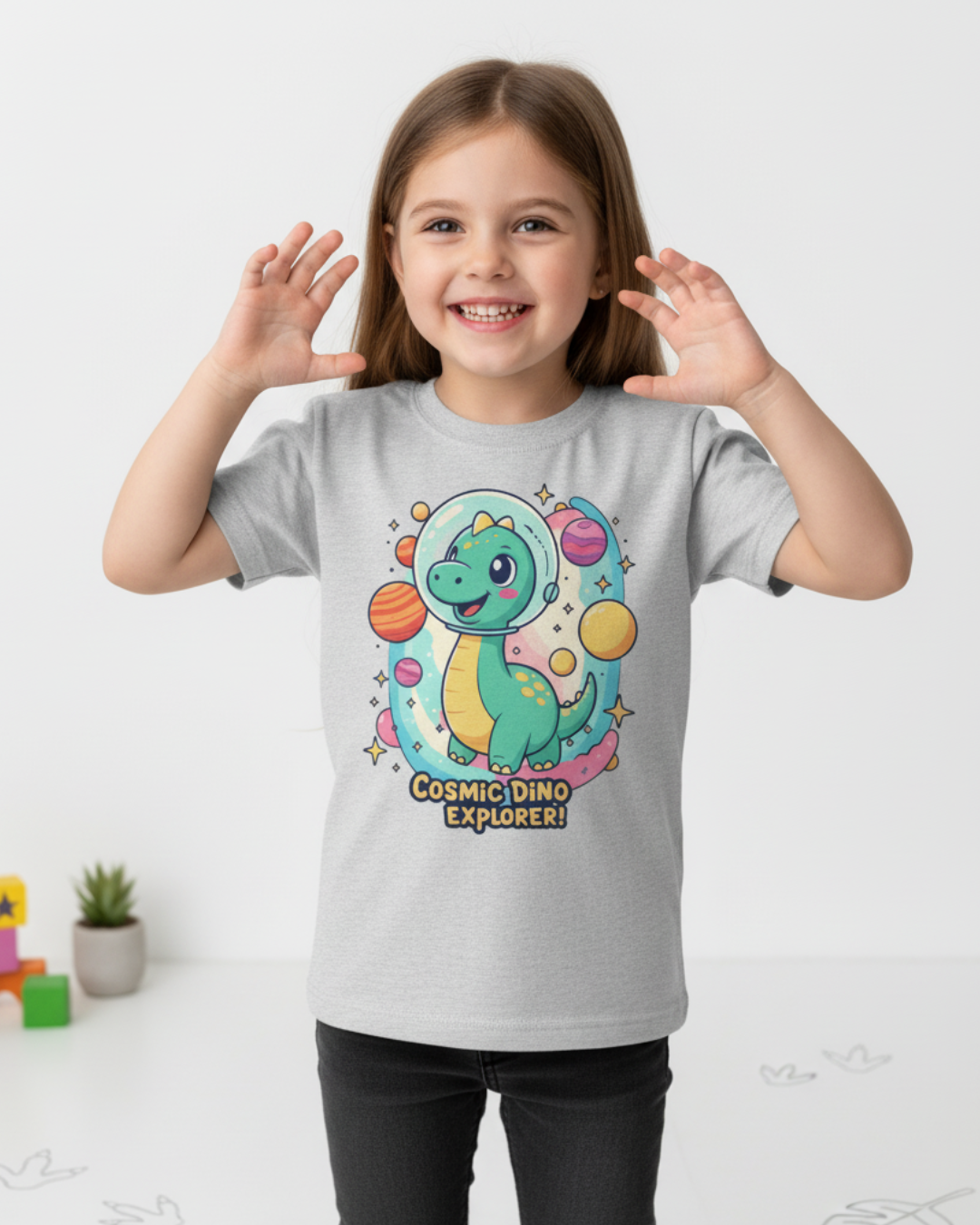 Cosmic Dino Explorer – Kids Space Adventure Cotton T-Shirt