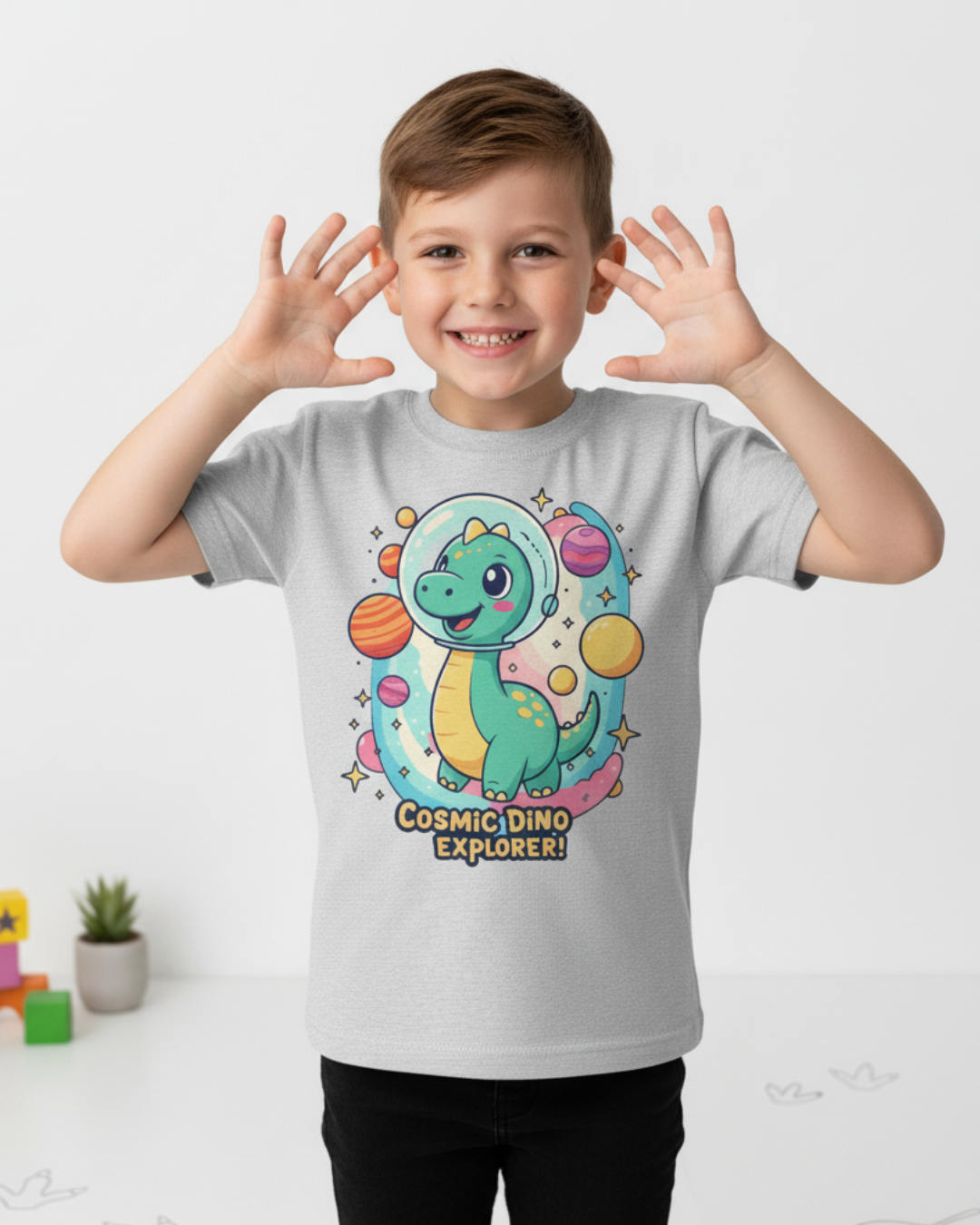 Cosmic Dino Explorer – Kids Space Adventure Cotton T-Shirt