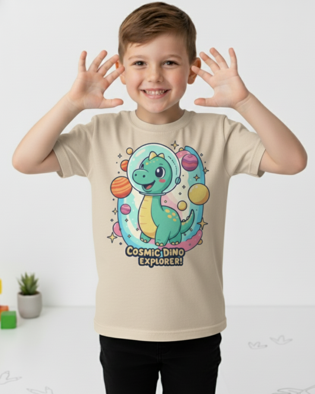 Cosmic Dino Explorer – Kids Space Adventure Cotton T-Shirt