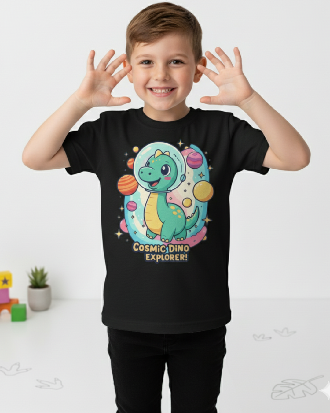 Cosmic Dino Explorer – Kids Space Adventure Cotton T-Shirt