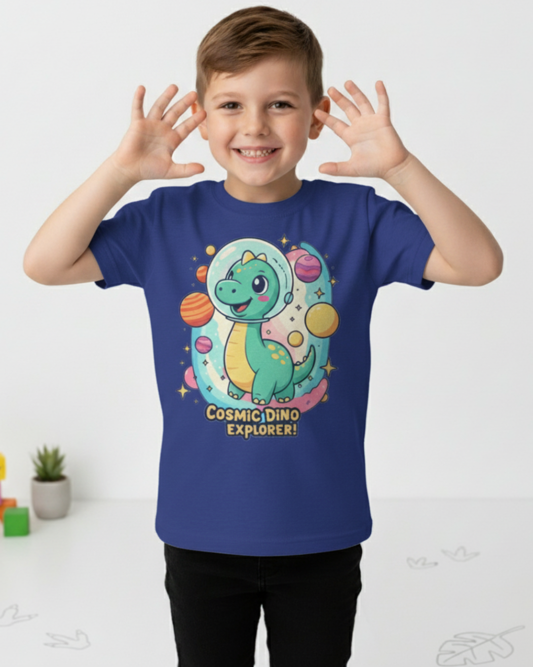 Cosmic Dino Explorer – Kids Space Adventure Cotton T-Shirt