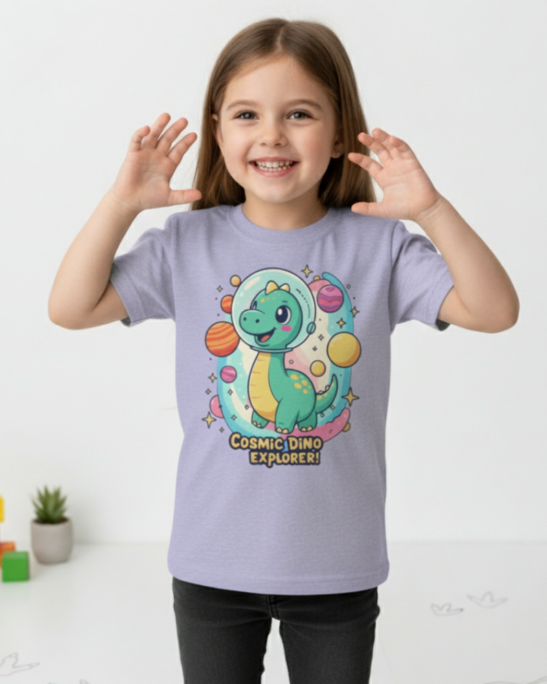 Cosmic Dino Explorer – Kids Space Adventure Cotton T-Shirt