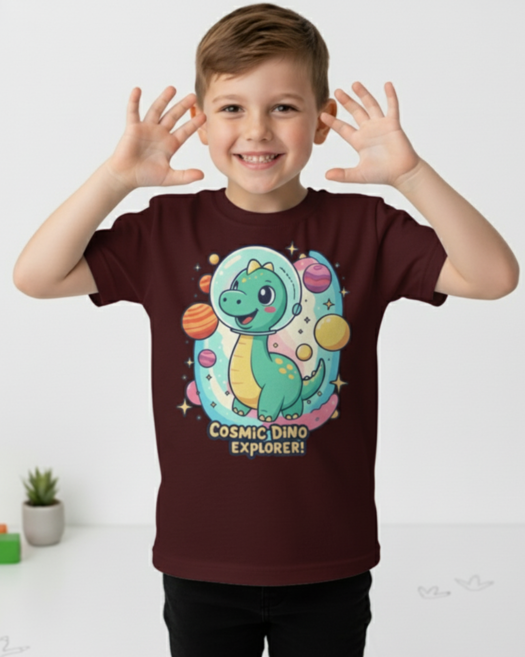 Cosmic Dino Explorer – Kids Space Adventure Cotton T-Shirt