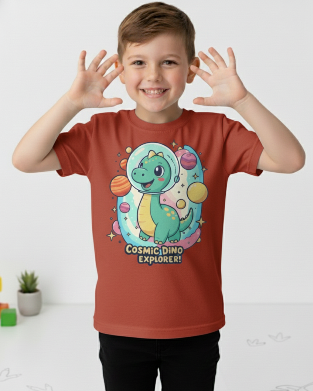 Cosmic Dino Explorer – Kids Space Adventure Cotton T-Shirt